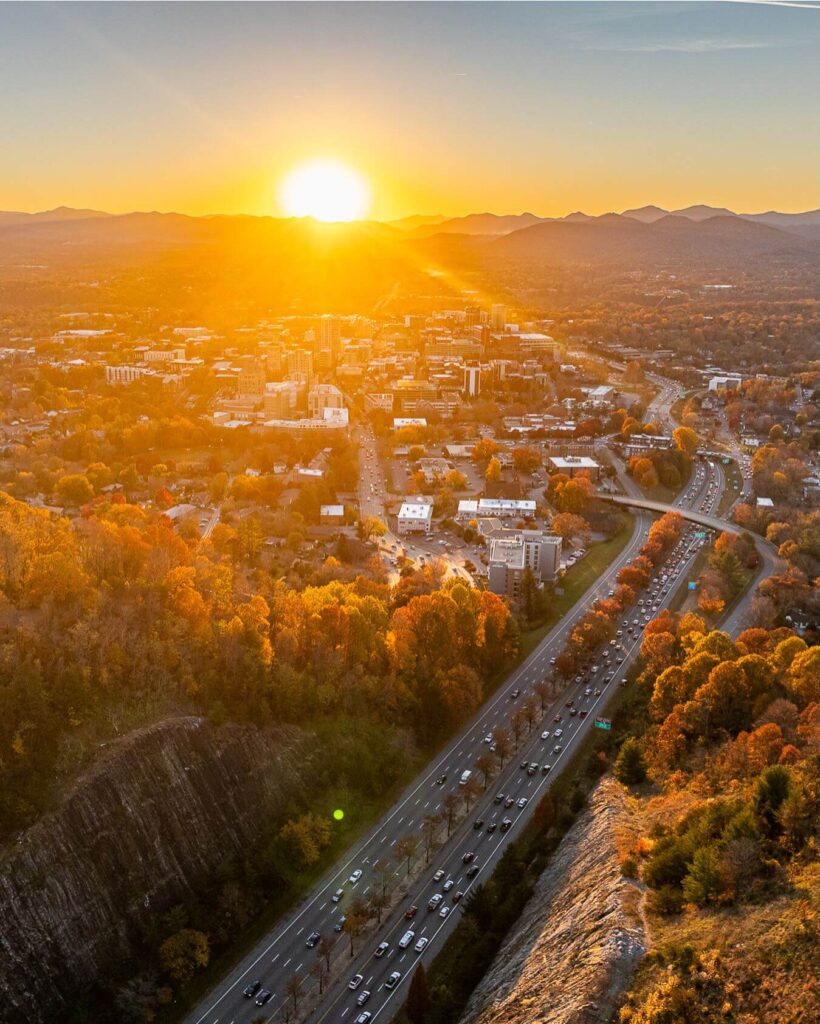 Downtown Asheville North Carolina with Blue Ridge Mountains in the background