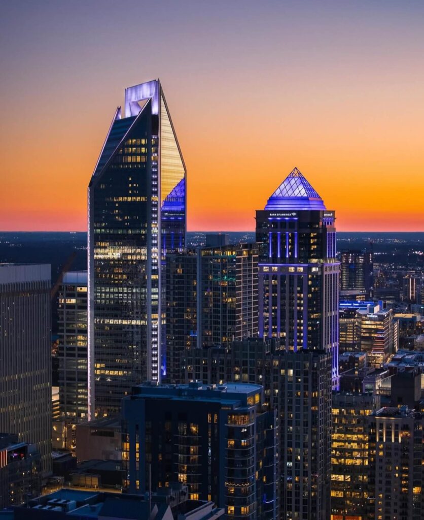 Street view of Uptown Charlotte North Carolina with skyscrapers and city skyline