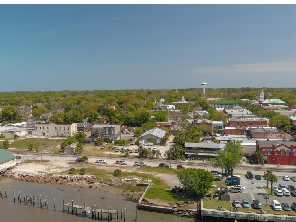 Brick buildings and palm-lined streets in downtown Fernandina Beach, Amelia Island