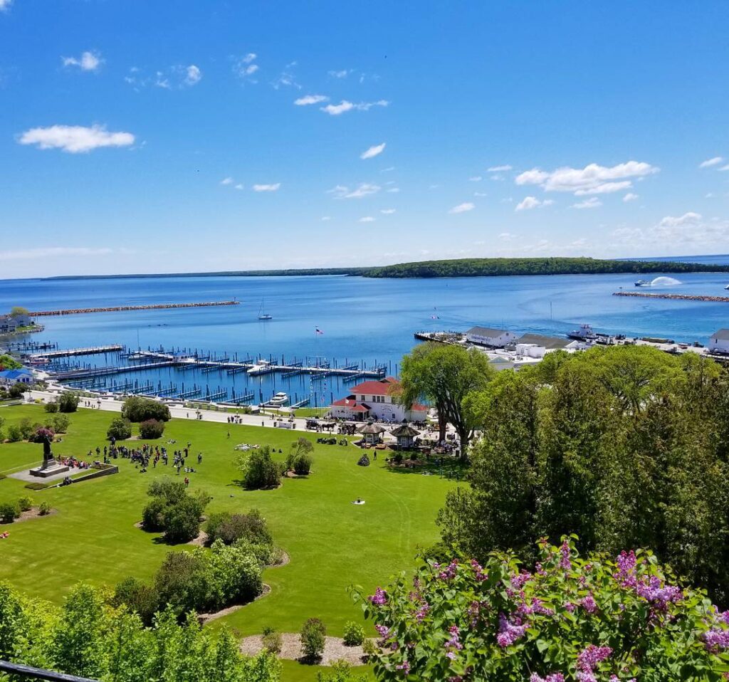 View from Fort Mackinac overlooking the harbor and park below