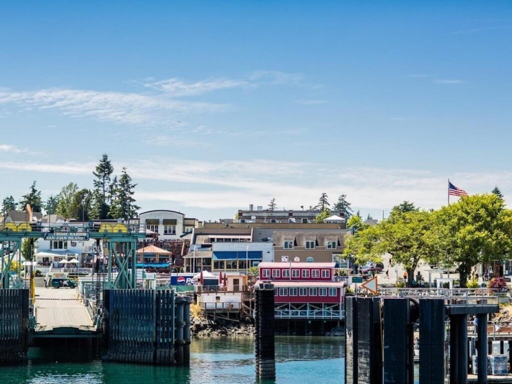 Waterfront view of Friday Harbor with docks, boats, and nearby buildings