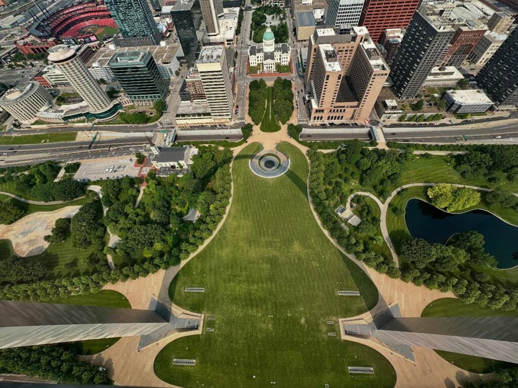 View of downtown St. Louis from the top of the Gateway Arch on a sunny day