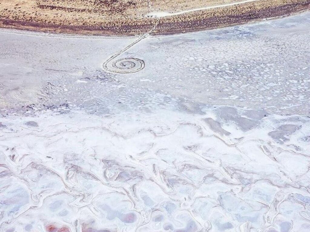 Shoreline views at the Great Salt Lake with distant mountains