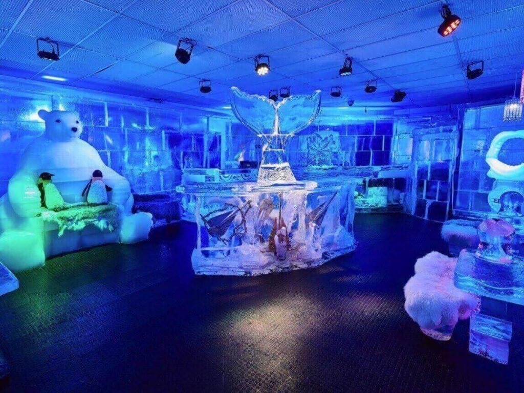 Interior of ICEBAR Orlando with ice walls and furniture