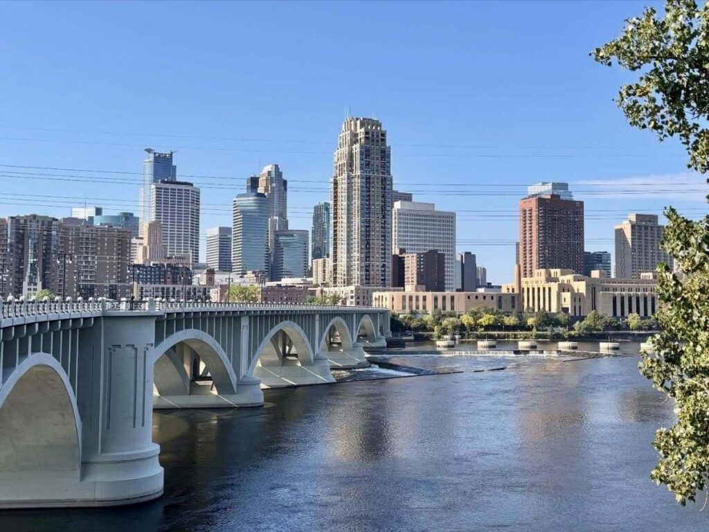 The Mississippi River running through downtown Minneapolis
