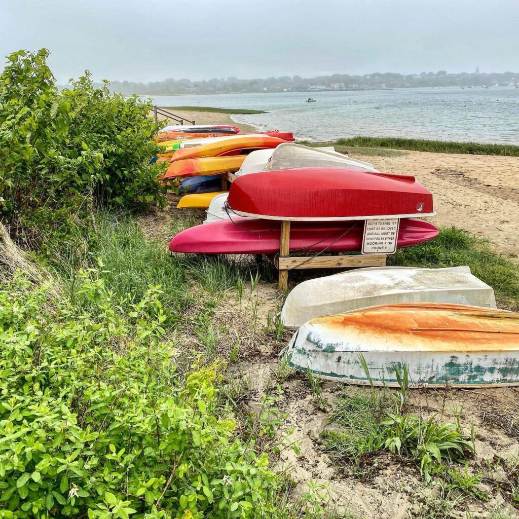 Kayaks on the shore of a beach in Nantucket.