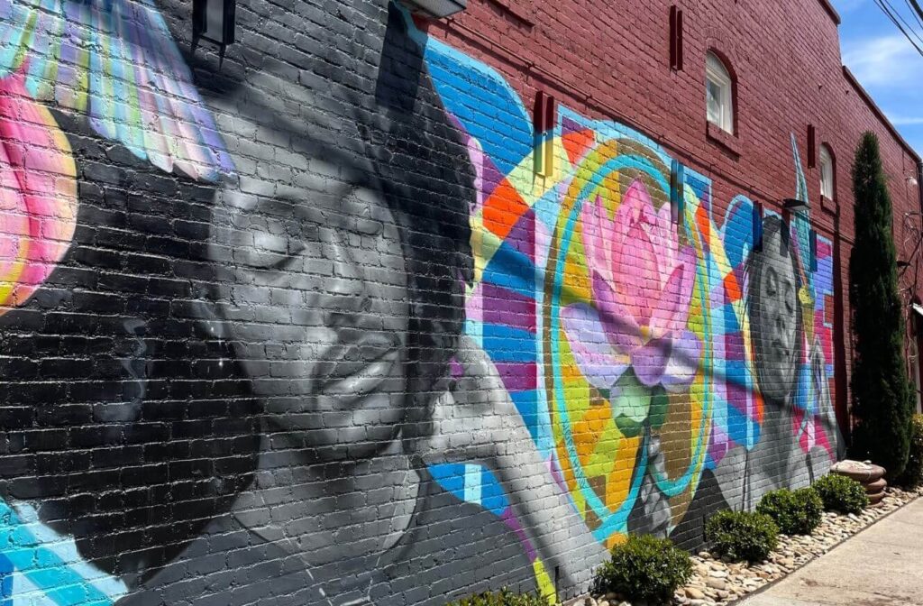 Colorful murals and local shops in NoDa arts district Charlotte North Carolina
