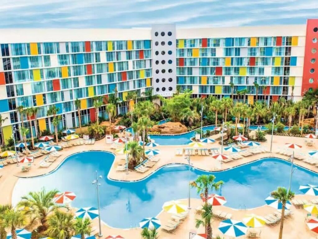 Split scene showing a theme park area and a quiet natural spot in Orlando