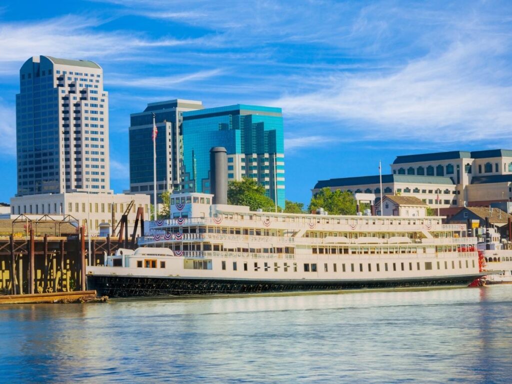 Delta King riverboat hotel and restaurant docked on the Sacramento River