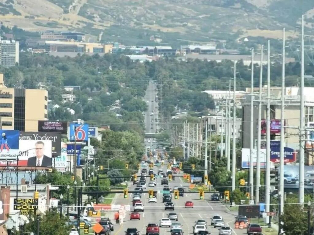 Downtown Salt Lake City with the Wasatch Mountains rising behind the city