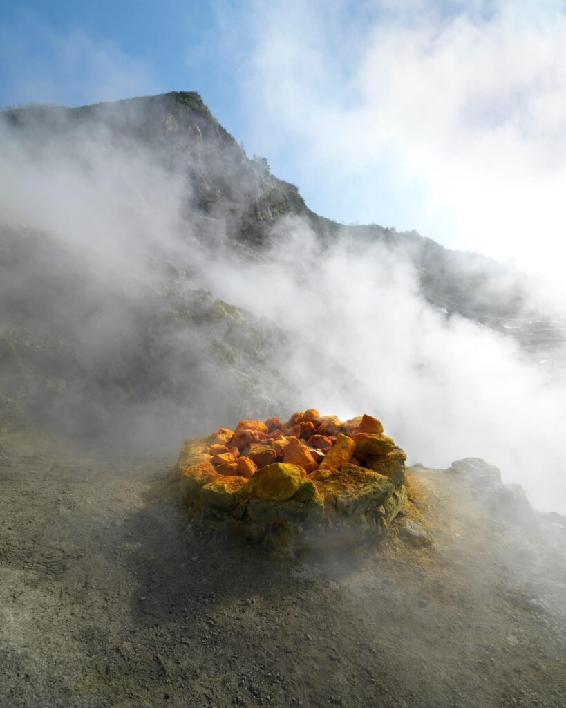 Sulfur steam vents and boiling mud at Solfatara crater in the Phlegraean Fields near Naples