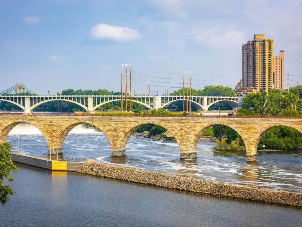 Morning view from Stone Arch Bridge overlooking downtown Minneapolis