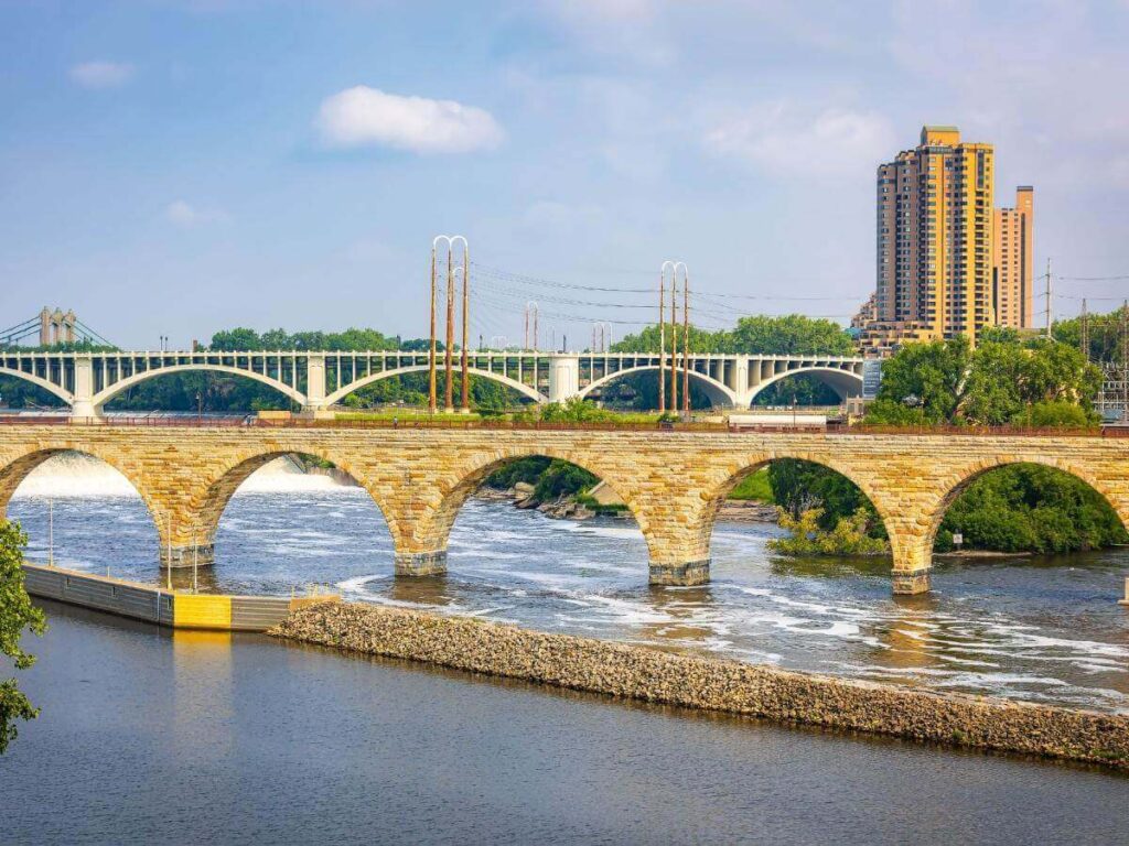 Stone Arch Bridge with views of downtown Minneapolis