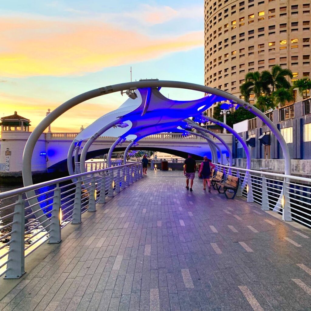 Scenic sunset view along the Tampa Riverwalk with palm trees