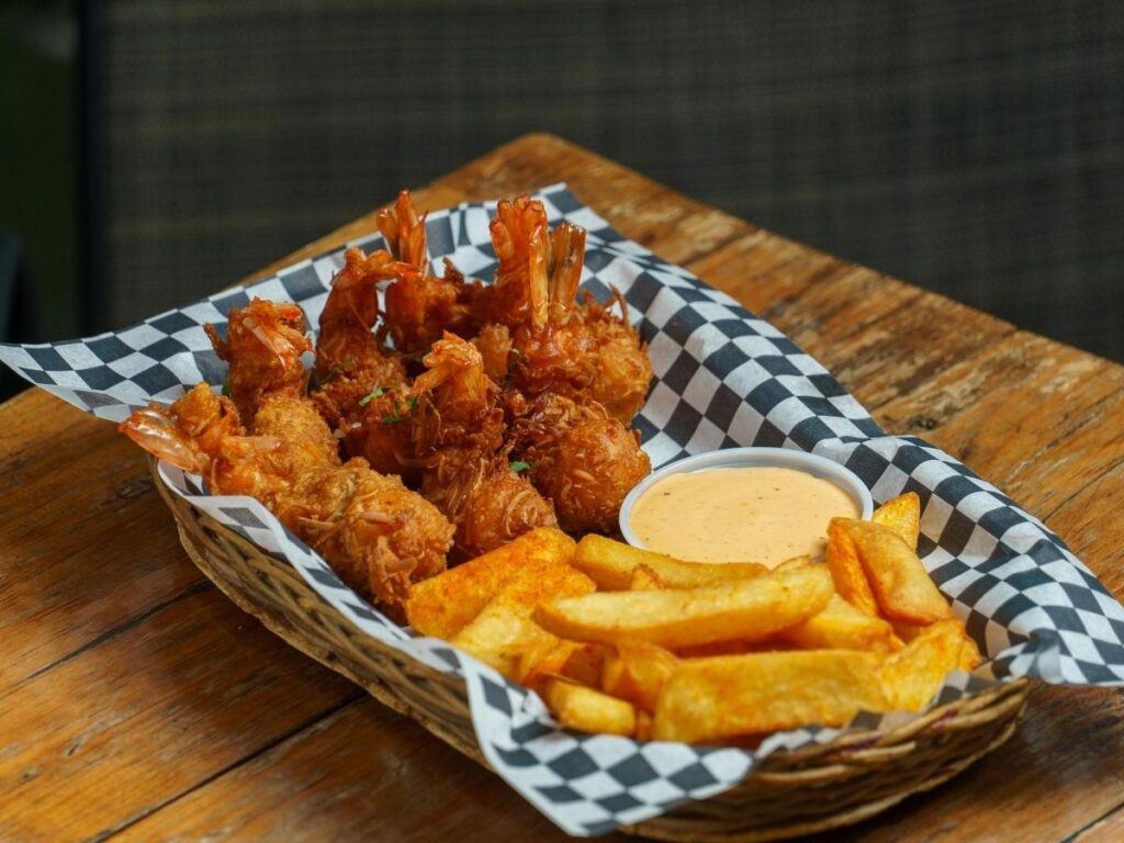 Blackened shrimp basket with fries served at Timoti’s Seafood Shak, Amelia Island