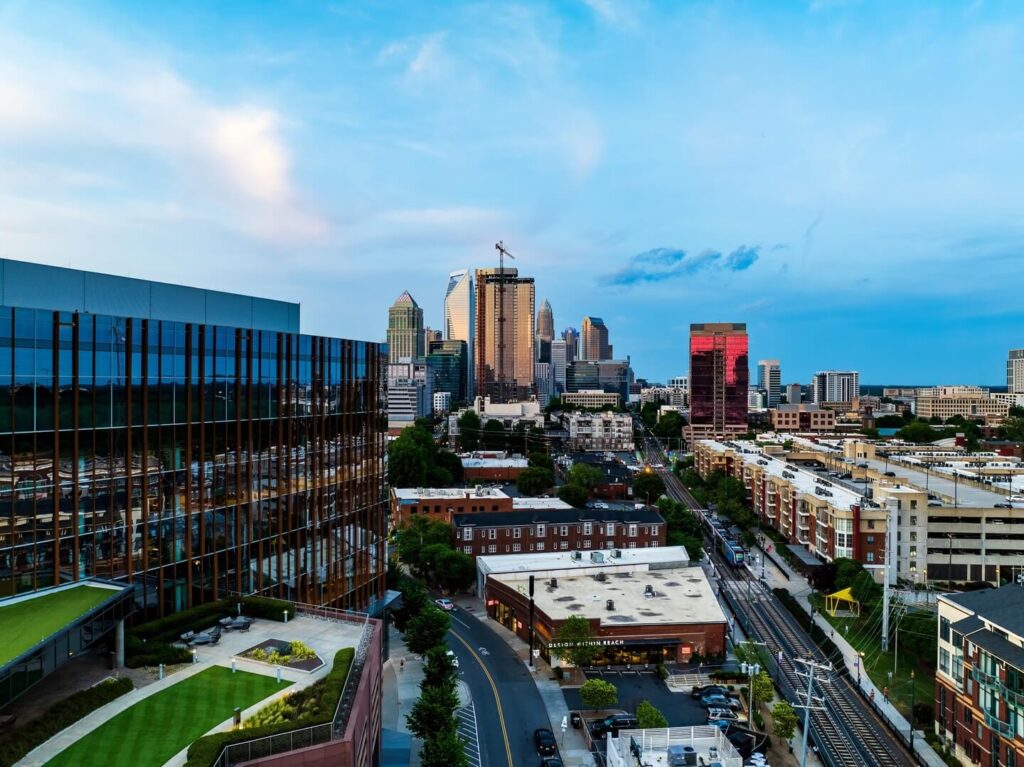 Uptown Charlotte skyline and hotels in the city center of Charlotte North Carolina