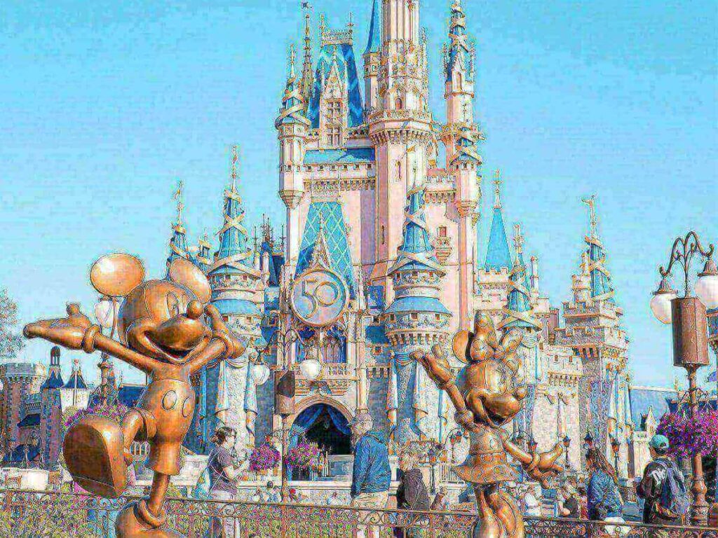 View inside Walt Disney World showing themed architecture and walkways