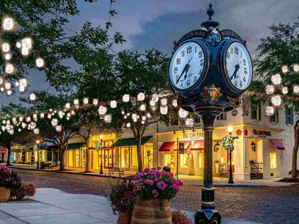 Park Avenue in Winter Park with shops, trees, and people walking