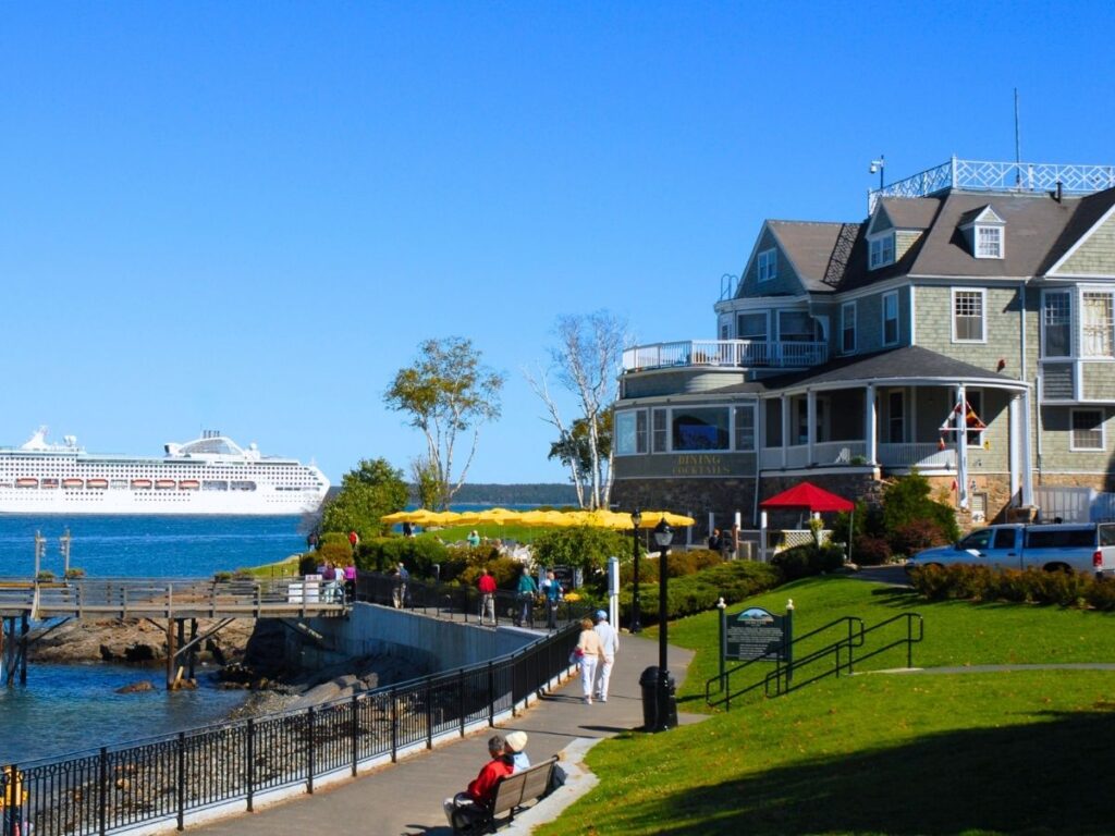 Historic Bar Harbor Inn with oceanfront views and garden landscaping