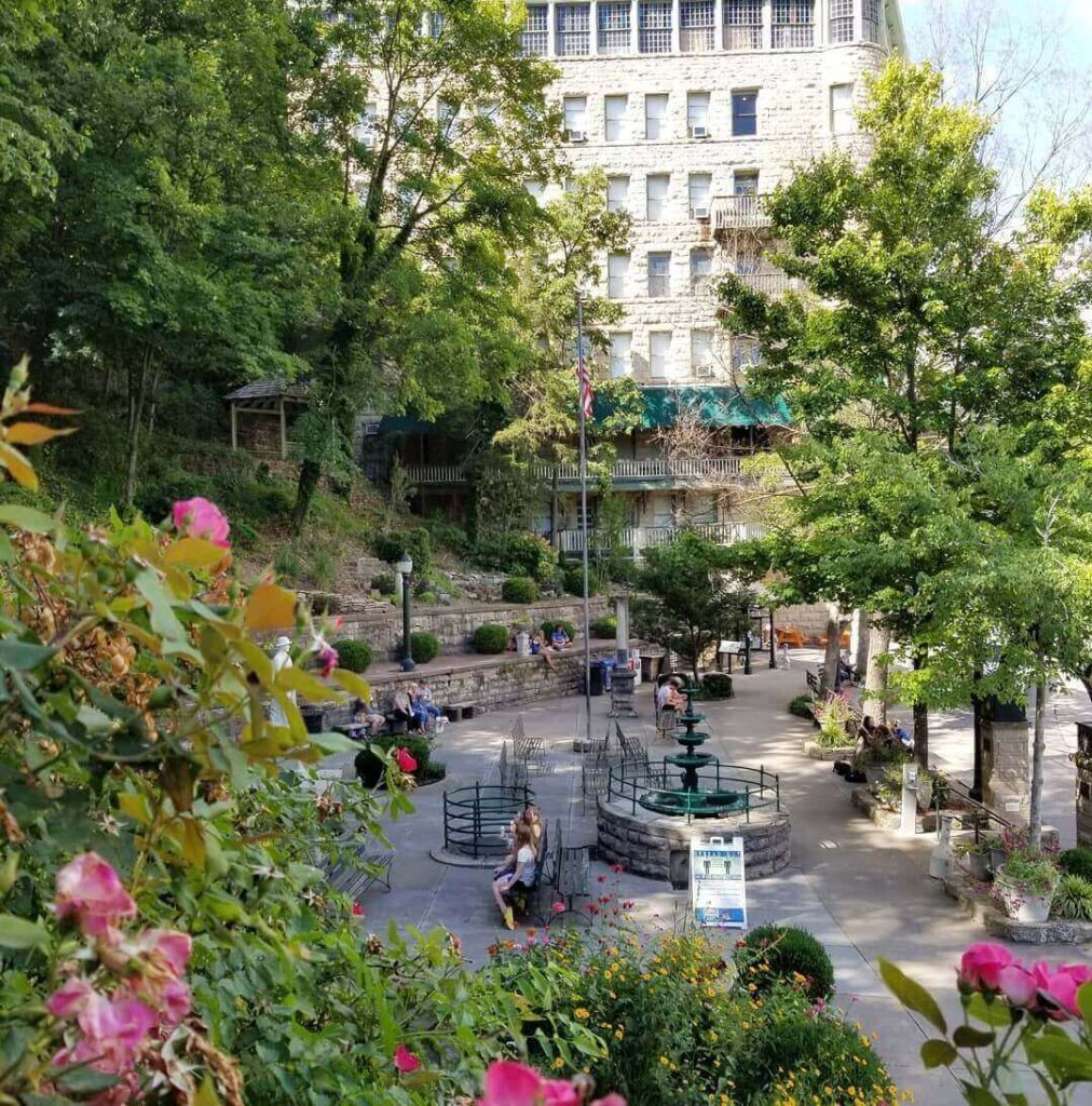 Basin Spring Park in downtown Eureka Springs Arkansas surrounded by historic buildings
