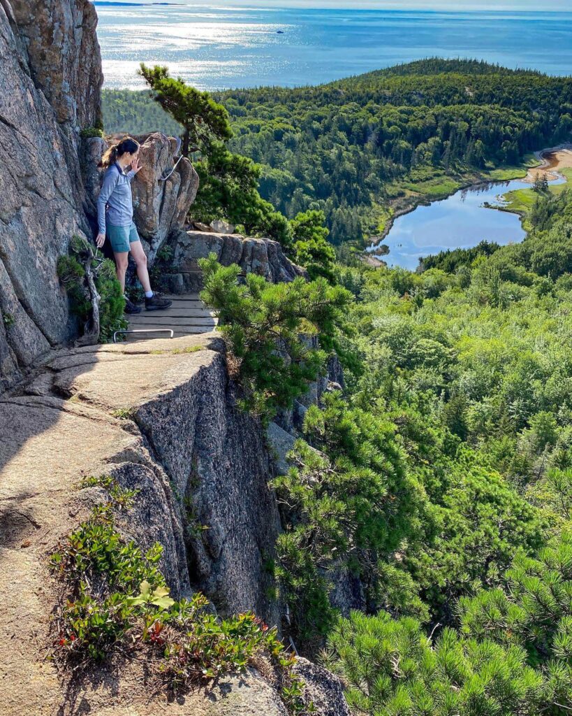 Scenic ocean view from the top of Beehive Trail in Acadia National Park