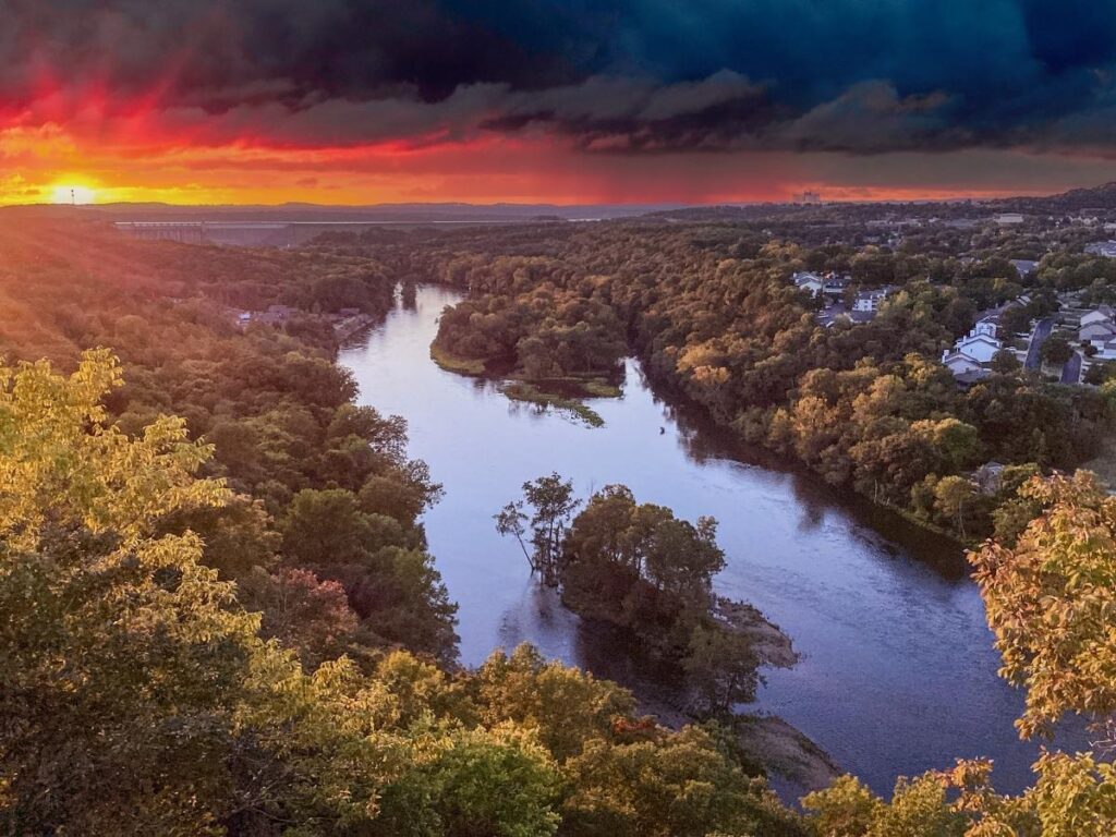 Aerial view of Table Rock Lake with green Ozark hills in Branson Missouri.