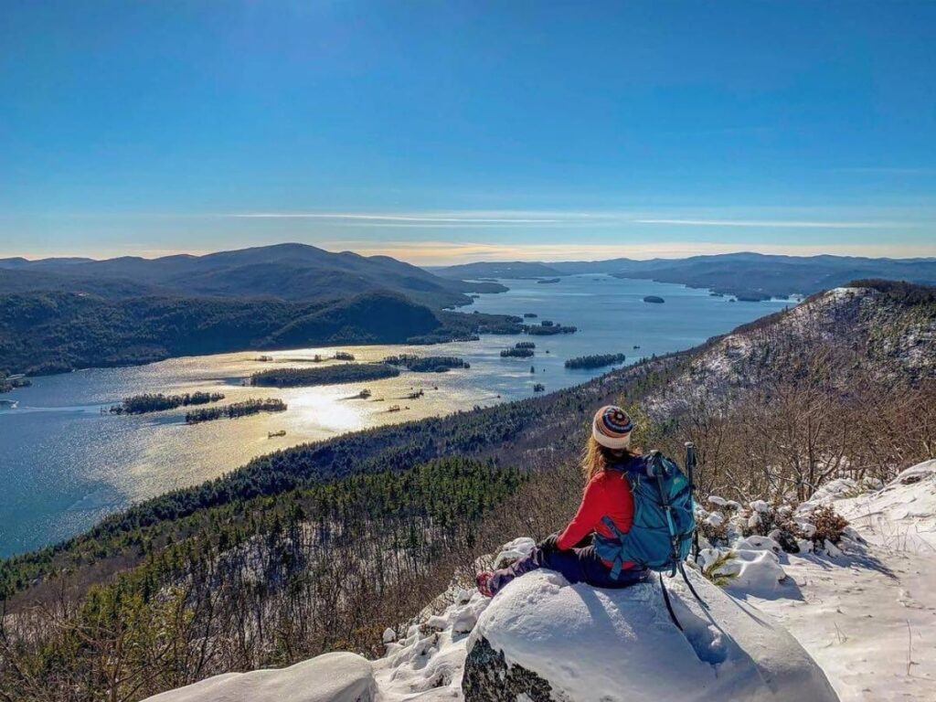 Hiking trail on Buck Mountain overlooking Lake George and surrounding mountains