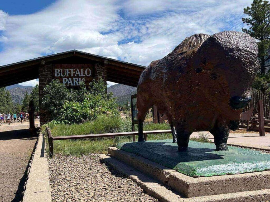 Walking trail through Buffalo Park with mountain views in Flagstaff
