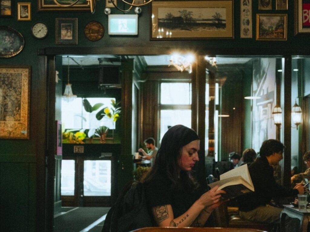 Cozy café interior in Stowe, Vermont on a quiet morning
