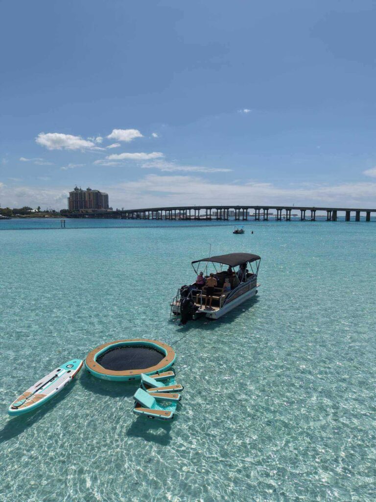 Aerial view of boats anchored at Crab Island in Destin
