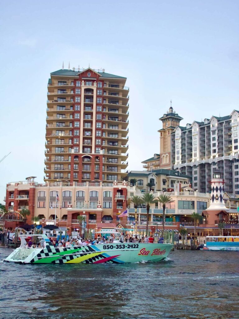 Waterfront hotels, marina, and Harbor Boardwalk in Destin Harbor
