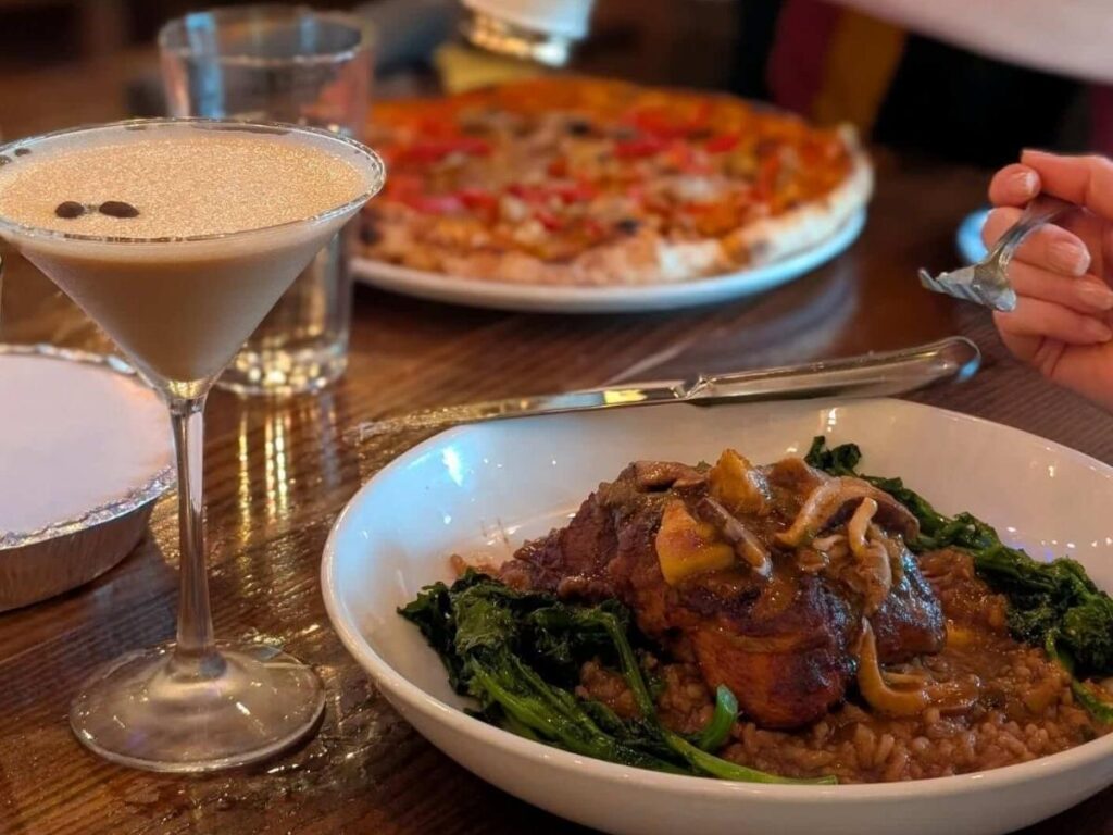 Relaxed dinner at a restaurant in Stowe, Vermont after a day outdoors