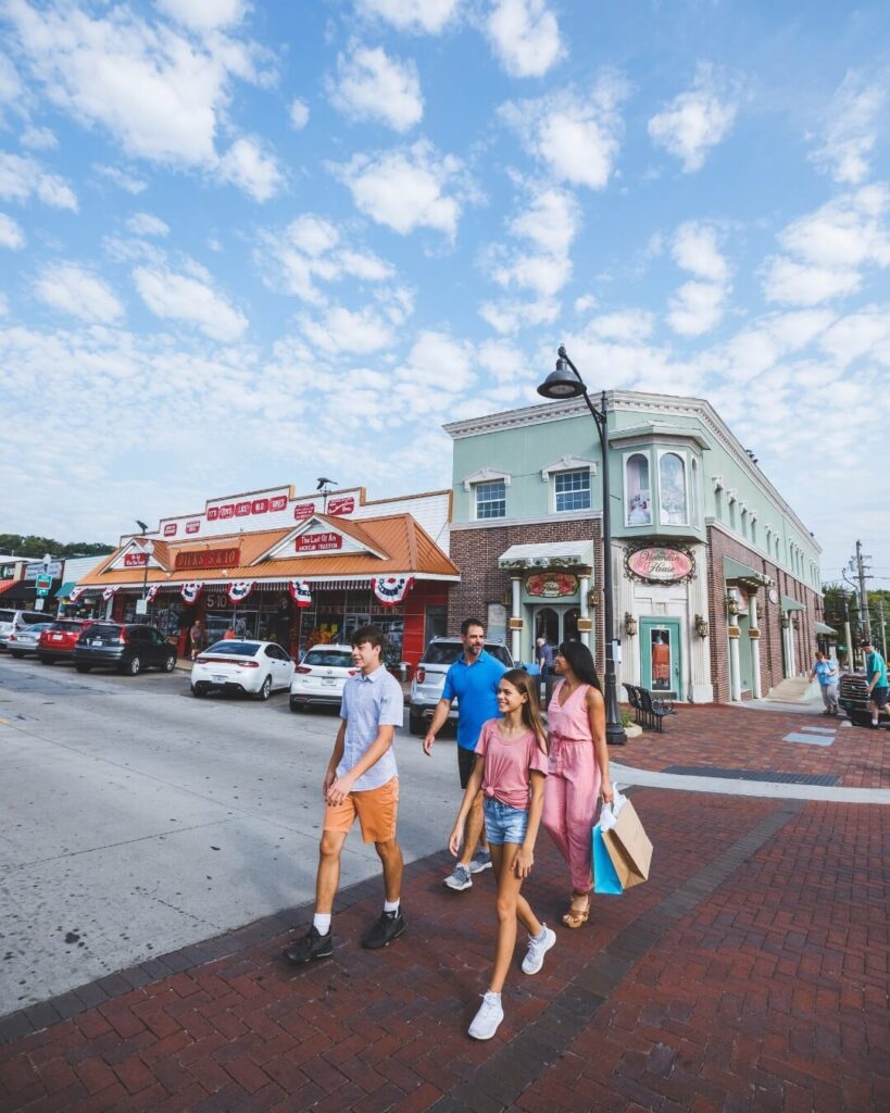 Historic shops and brick buildings along Main Street in Downtown Branson.