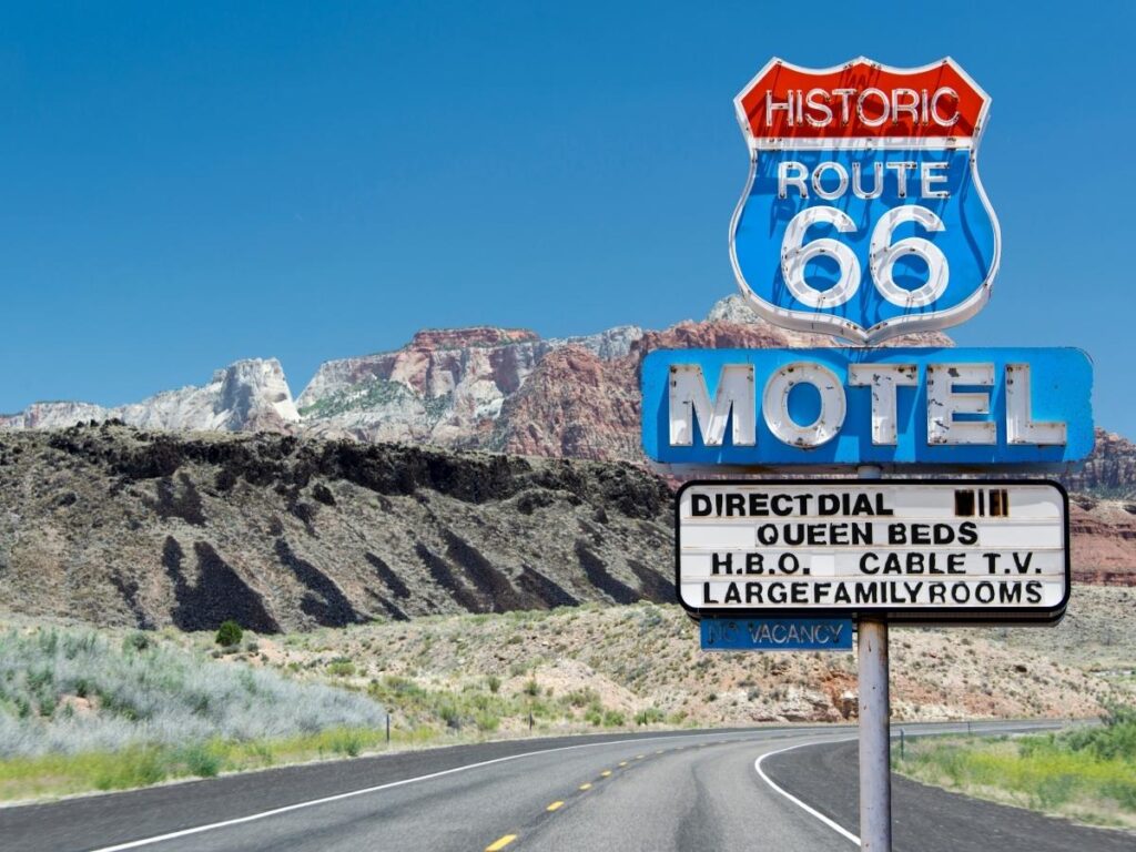 Neon Route 66 signs and shops in downtown Flagstaff