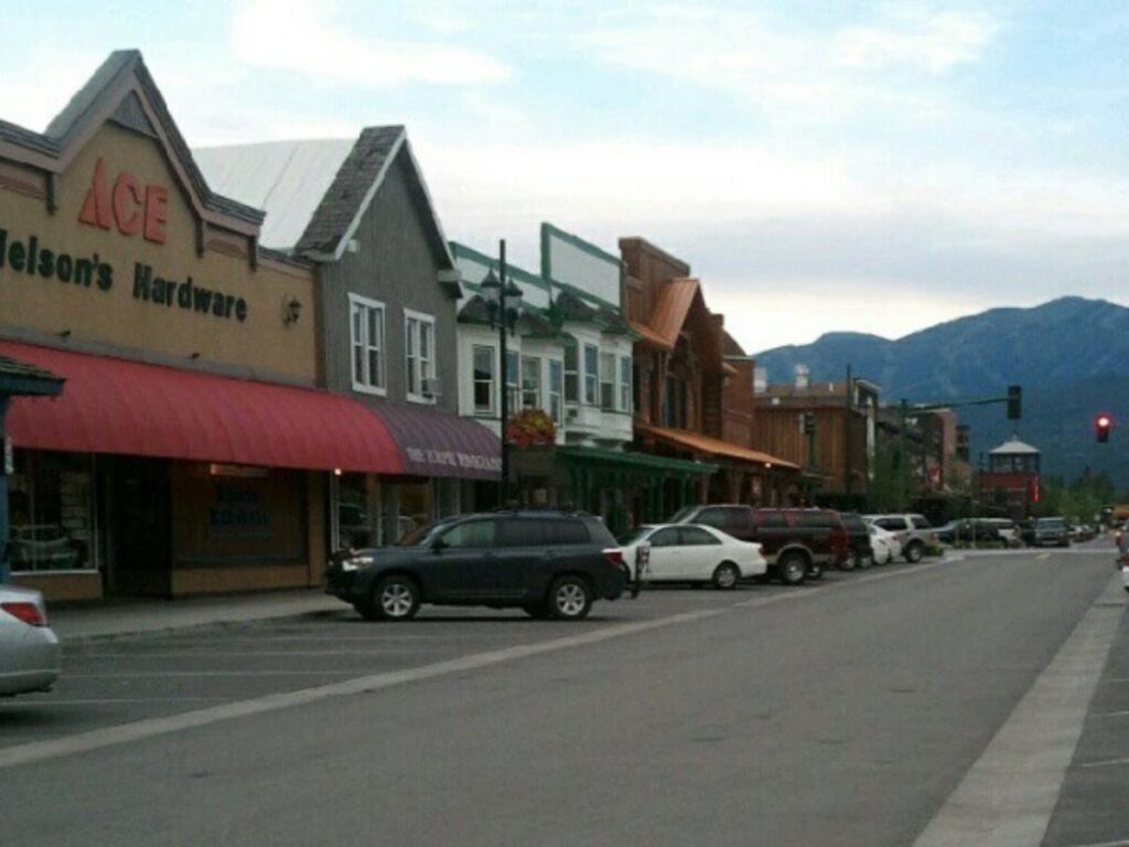 Walkable downtown street in Whitefish, Montana with local shops