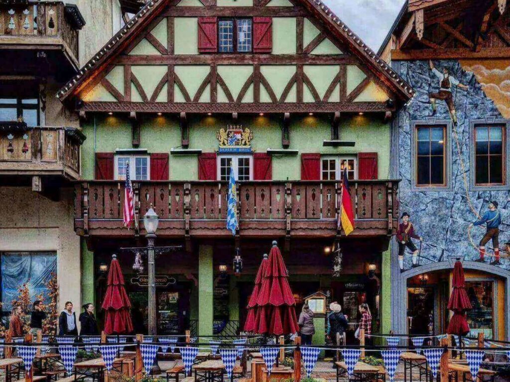 Quiet morning on Front Street in Leavenworth with Bavarian-style buildings and shops opening for the day