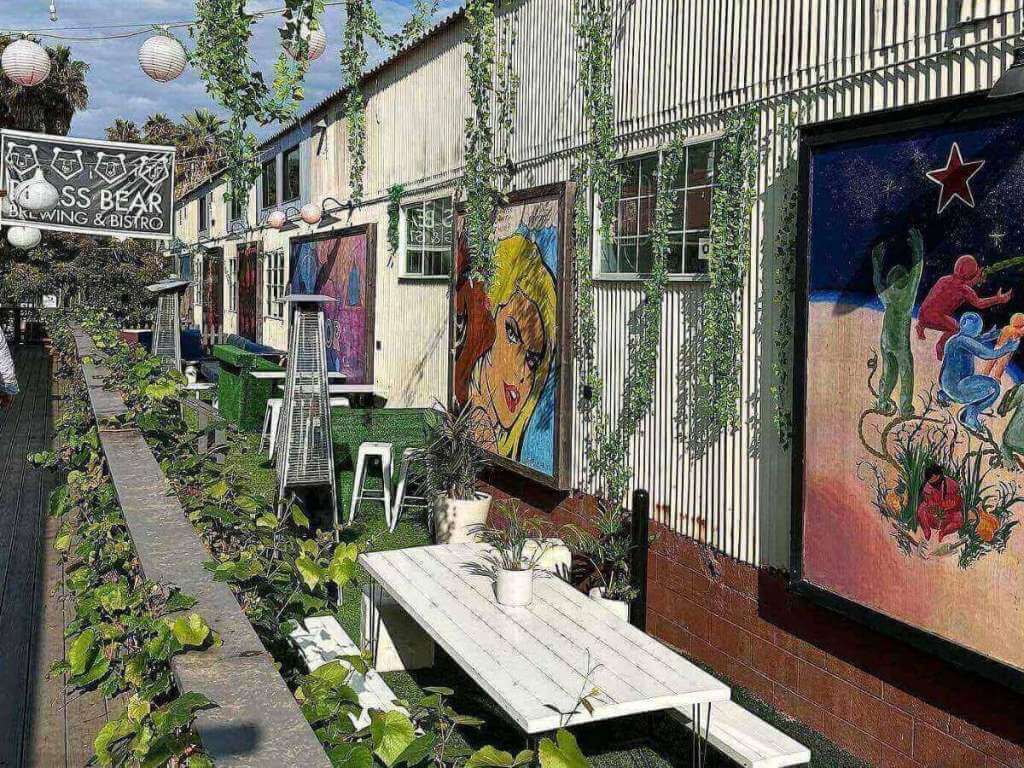 Colorful street art and casual storefronts in Santa Barbara’s Funk Zone