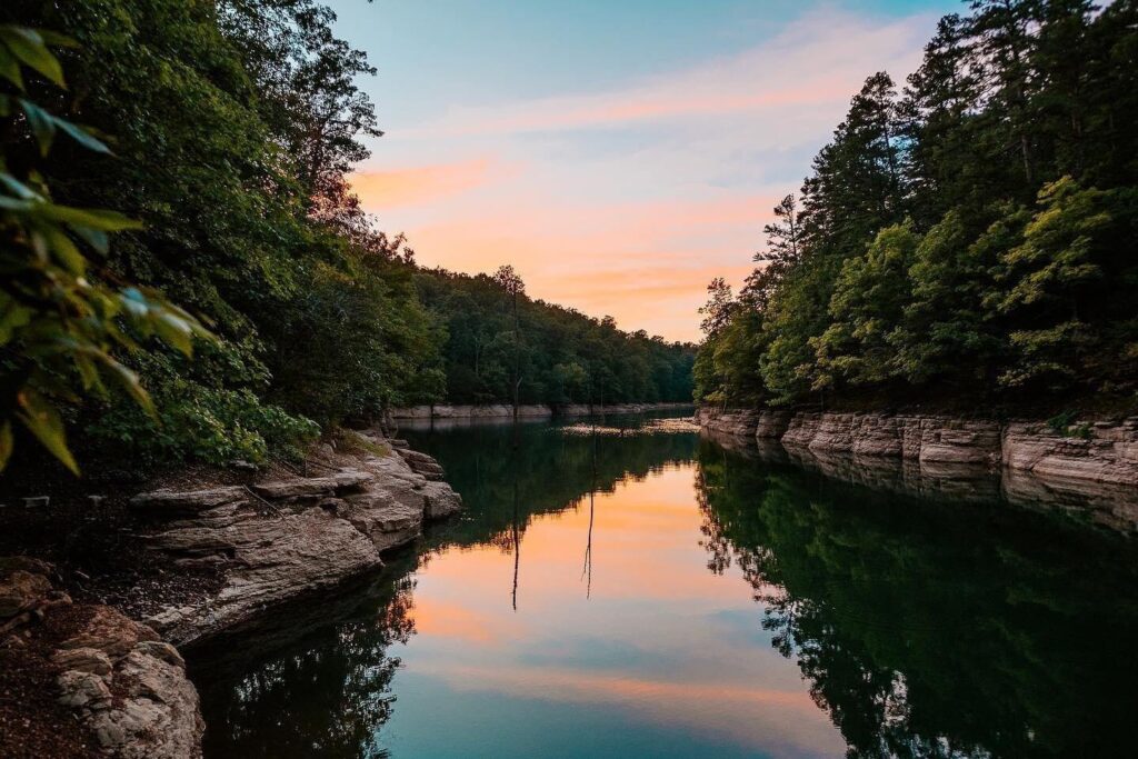 Forest hiking trail in Hobbs State Park Conservation Area near Eureka Springs Arkansas