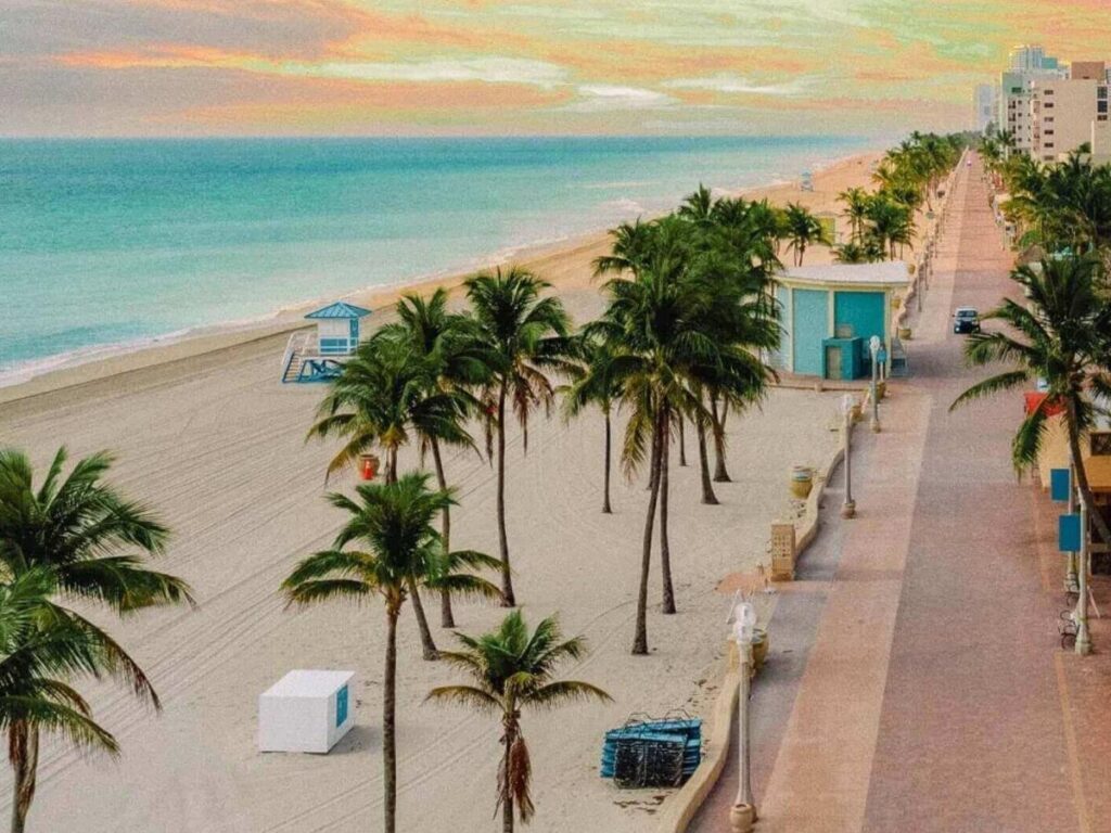 Palm-lined Hollywood Beach Broad walk with ocean views and cafes