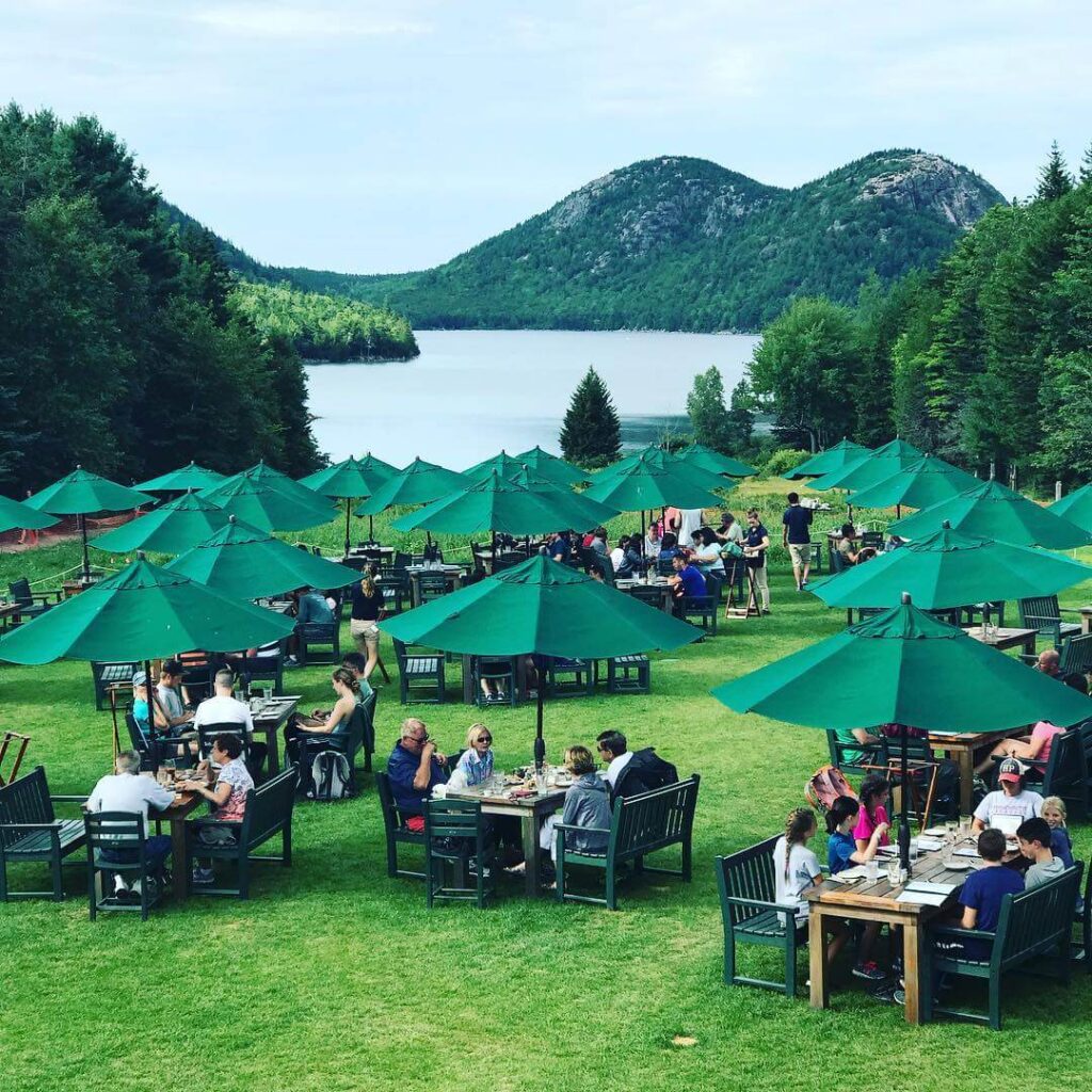 Jordan Pond House with view of the Bubbles