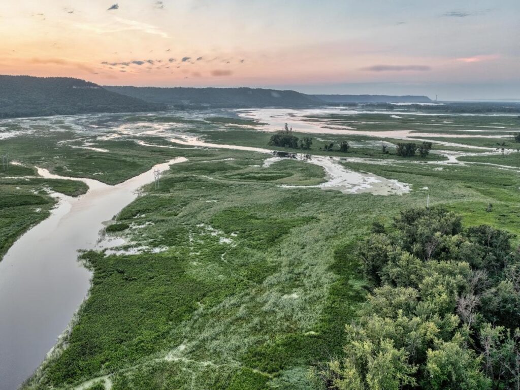 Mississippi River view near Galena Illinois with surrounding bluffs