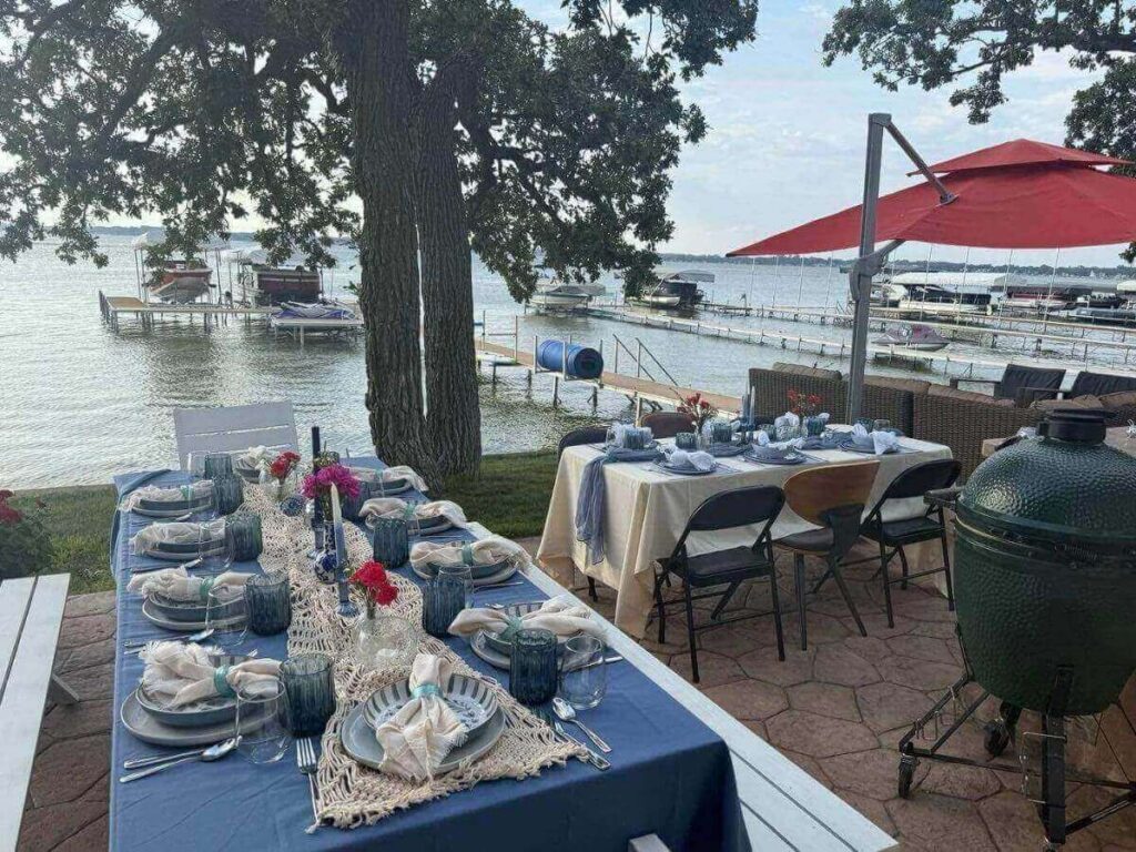 Outdoor dining near the Lake George waterfront at sunset