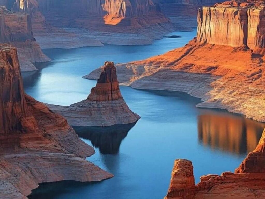 Calm water and canyon walls at Lake Powell near Page, Arizona