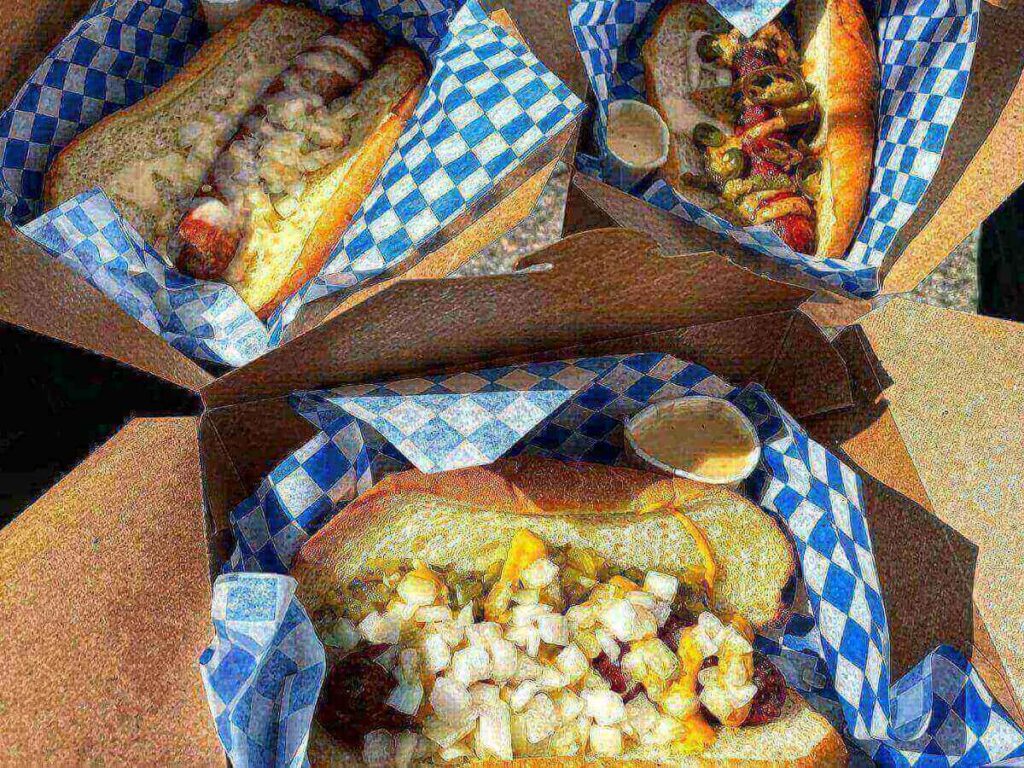 Traditional Bavarian meal with sausages and pretzels in Leavenworth