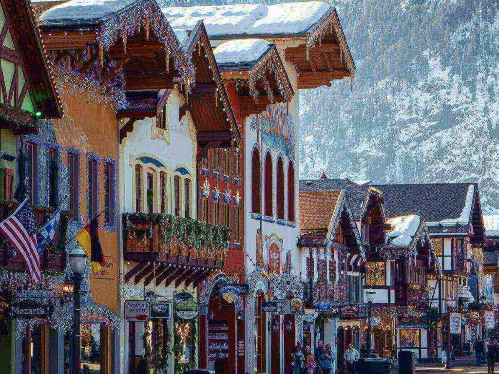 Evening lights along Front Street in Leavenworth after day-trippers have left