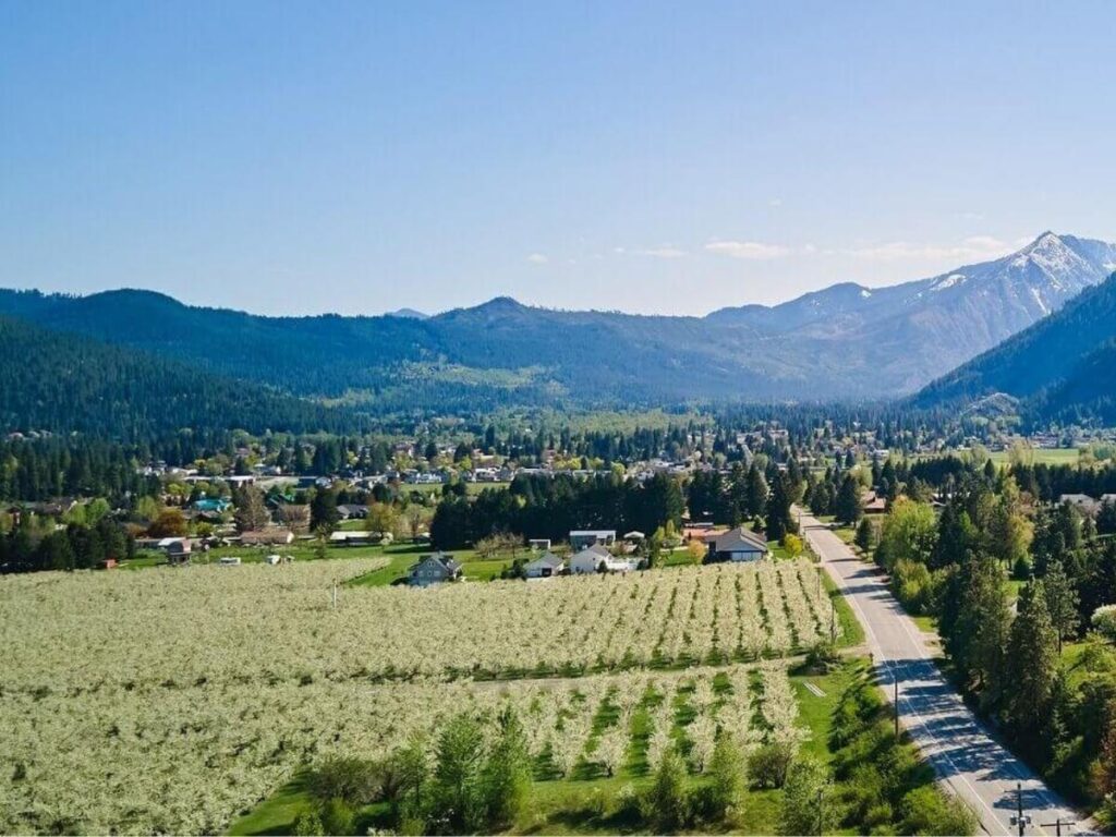 Autumn foliage surrounding downtown Leavenworth in early fall