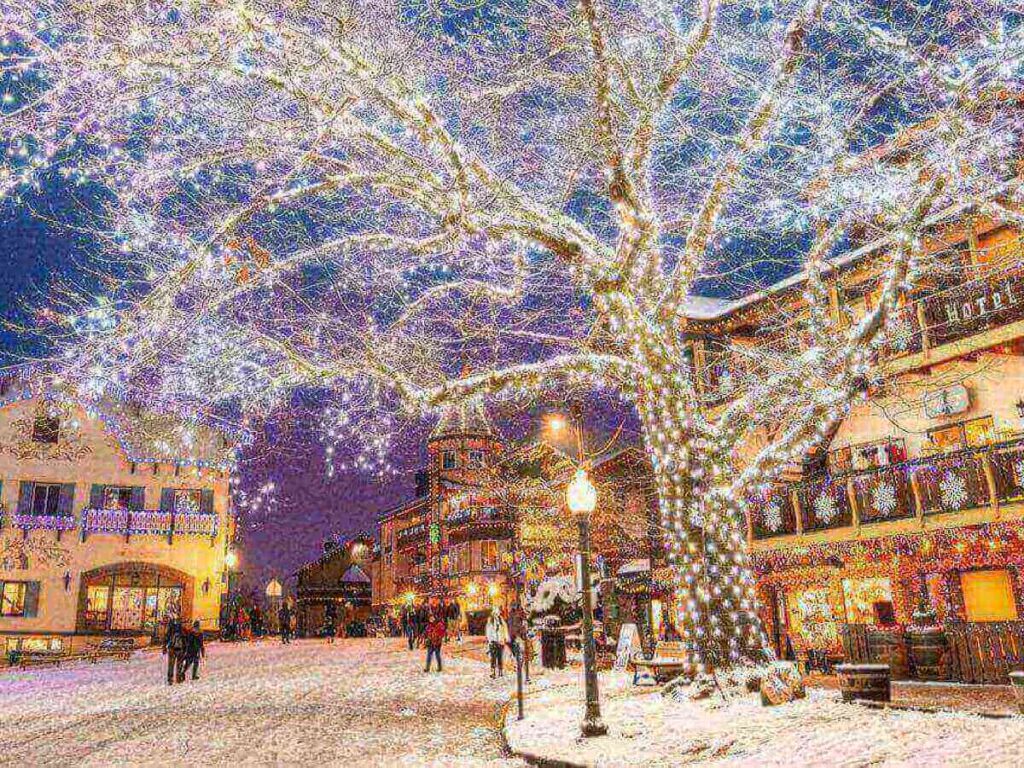 Quiet snowy street in Leavenworth during the winter season