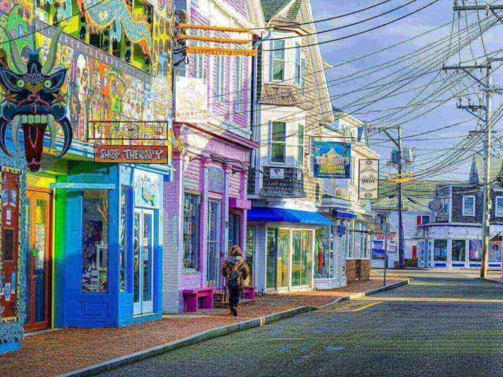 Relaxed scene in Provincetown with people exploring shops and galleries