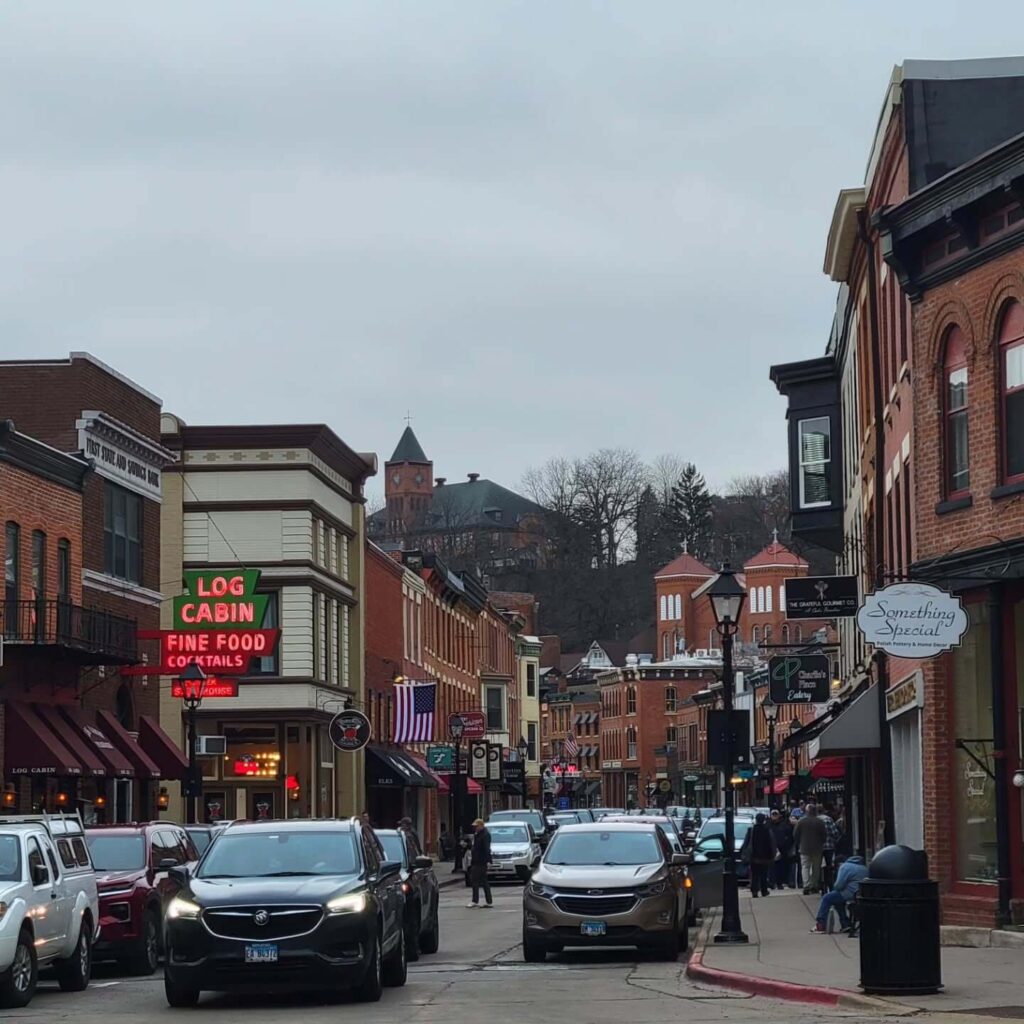 Downtown Galena Illinois Main Street with shops and visitors