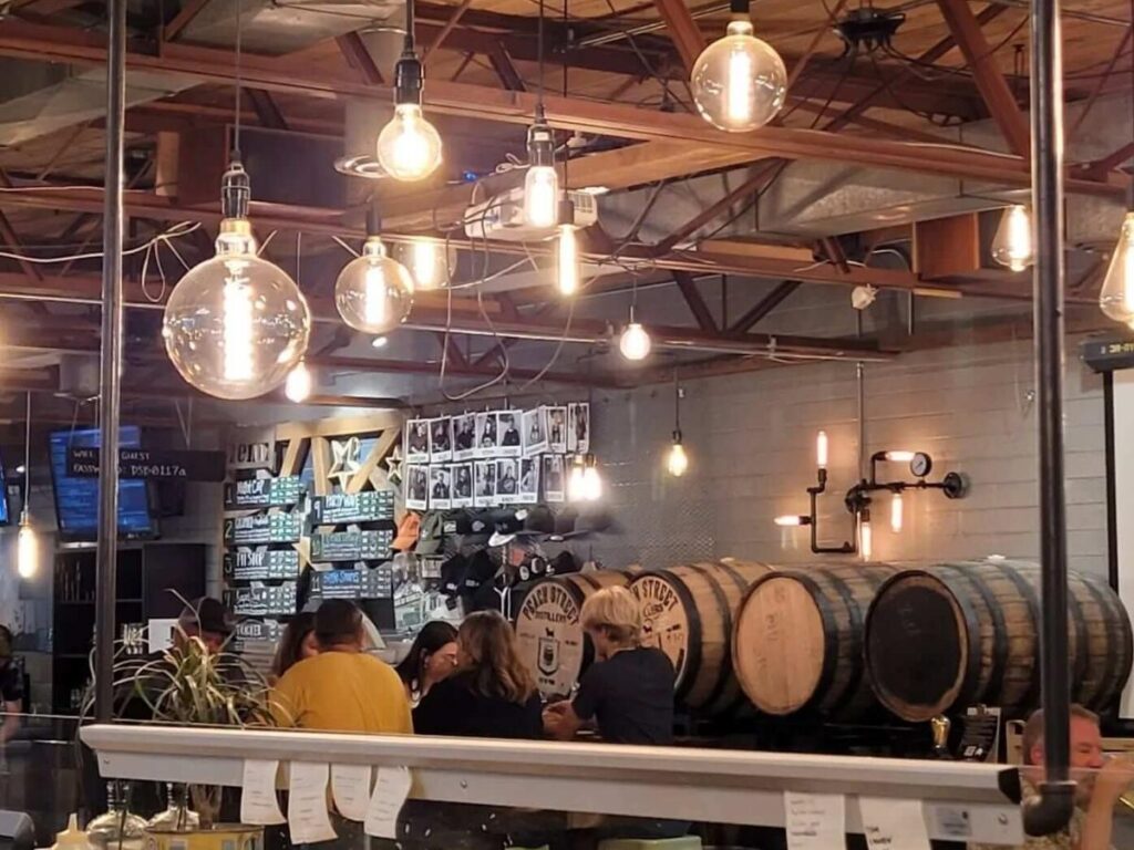 Outdoor patio seating at Mother Road Brewing Company